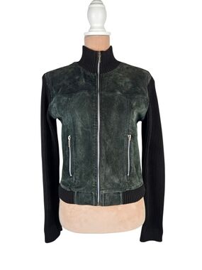Airport Suede Leather Bomber Jacket Ribbed Knit Cotton Back Zip Up Black Medium